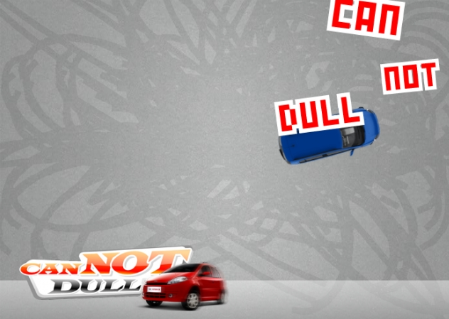 Um jogo que mostra um carro visto por cima, com uma frase escrita "Can Not Dull" por cima.