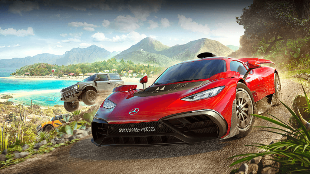 Imagem de divulgação do Forza Horizon 5, mostrando modelos da Mercedes-Benz e da Ford em uma paisagem natural.
