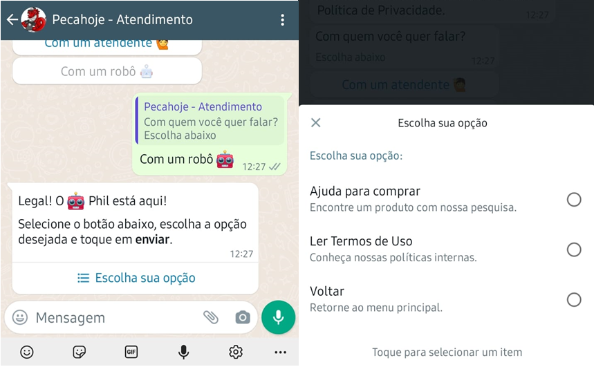 Duas imagens mostrando diferentes menus do WhatsApp do Pecahoje