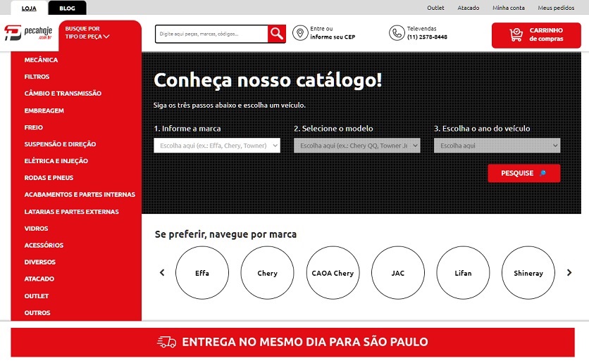 A página do site pecahoje.com.br que oferta peças.