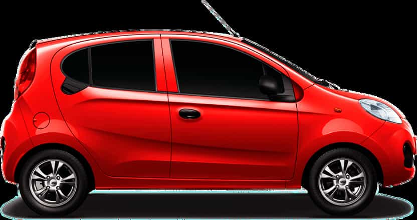Um Chery QQ novo vermelho visto de lado